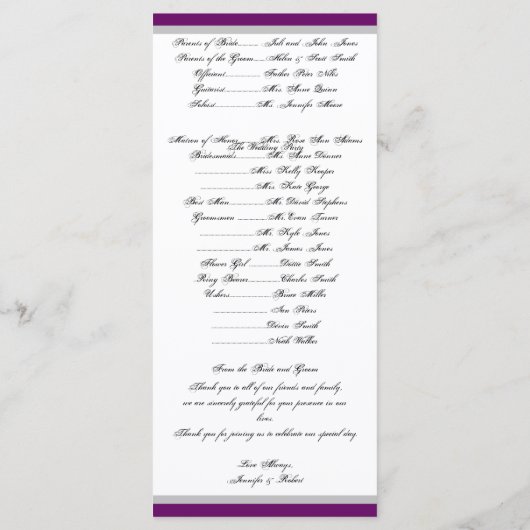 Paarse en zilveren hart monogram bruiloft programm programmakaart (Achterkant)