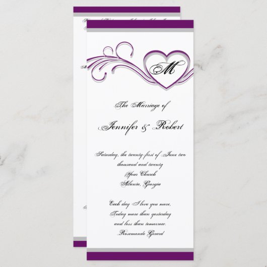 Paarse en zilveren hart monogram bruiloft programm programmakaart (Voorkant / Achterkant)