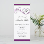 Paarse en zilveren hart monogram bruiloft programm programmakaart (Staand voorkant)