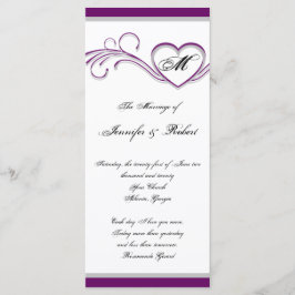Paarse en zilveren hart monogram bruiloft programm programmakaart