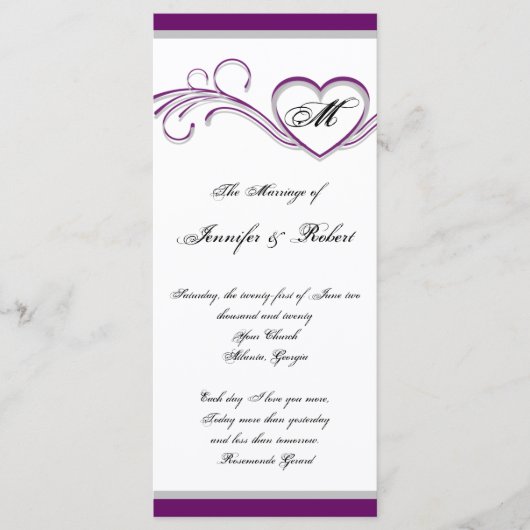 Paarse en zilveren hart monogram bruiloft programm programmakaart (Voorkant)