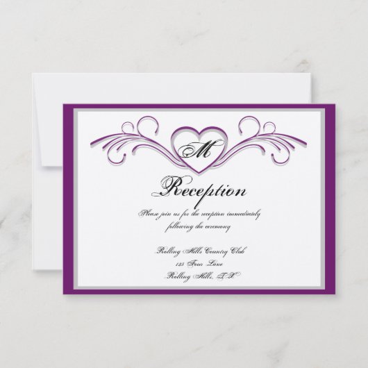 Paarse en zilveren Hart Scroll Monogram Ontvangst Kaart (Voorkant)