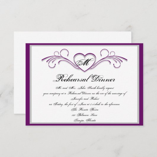 Paarse en zilveren hart scroll monogram repetitie kaart (Voorkant / Achterkant)