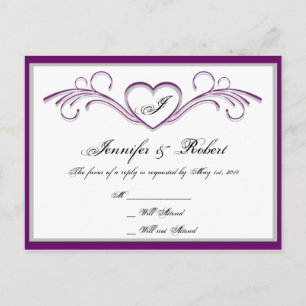 Paarse en zilveren Hart Scroll Monogram RSVP Uitnodiging Briefkaart