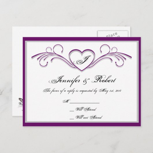 Paarse en zilveren Hart Scroll Monogram RSVP Uitnodiging Briefkaart (Voorkant / Achterkant)