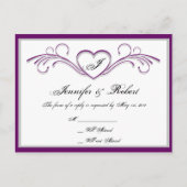 Paarse en zilveren Hart Scroll Monogram RSVP Uitnodiging Briefkaart (Voorkant)