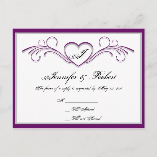 Paarse en zilveren Hart Scroll Monogram RSVP Uitnodiging Briefkaart (Voorkant)