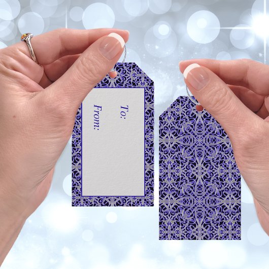 Paarse en zilveren kanten patroon cadeaulabel