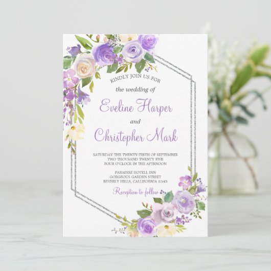 Paarse en Zilveren lijst bloemenbruiloft waterverf Kaart (Staand voorkant)
