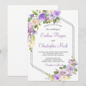 Paarse en Zilveren lijst bloemenbruiloft waterverf Kaart (Voorkant / Achterkant)