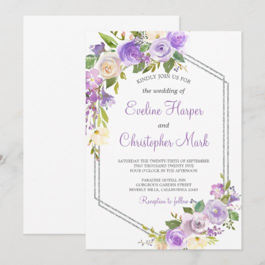Paarse en Zilveren lijst bloemenbruiloft waterverf Kaart (Voorkant / Achterkant)