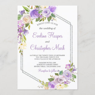 Paarse en Zilveren lijst bloemenbruiloft waterverf Kaart