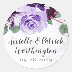 Paarse en zilveren luchtige bloemen vintage bruilo ronde sticker