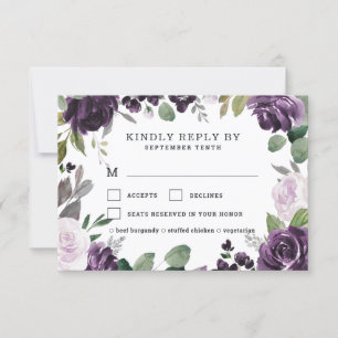 Paarse en Zilveren Maaltijd Keuze Bloemen Roos Bru RSVP Kaartje