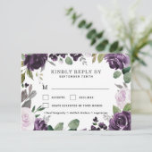 Paarse en Zilveren Maaltijd Keuze Bloemen Roos Bru RSVP Kaartje (Staand voorkant)