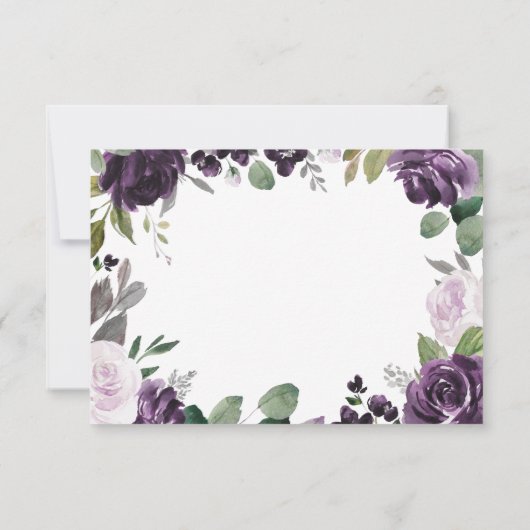 Paarse en Zilveren Maaltijd Keuze Bloemen Roos Bru RSVP Kaartje (Achterkant)