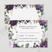 Paarse en Zilveren Maaltijd Keuze Bloemen Roos Bru RSVP Kaartje (Voorkant / Achterkant)