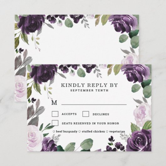 Paarse en Zilveren Maaltijd Keuze Bloemen Roos Bru RSVP Kaartje (Voorkant / Achterkant)