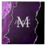 Paarse en zilveren marmeren agaat tegeltje<br><div class="desc">Deze tegel heeft een elegante en glamoureuze agate marmeren achtergrond met geode edelsteen detaillering en faux silver glitter accenten. Het monogram combineert handgeschreven script en moderne schreefloze lettertypen voor een stijlvolle en verfijnde look. Dit maakt het ideale cadeau omdat het kan worden aangepast met een naam en initiaal. De diepe...</div>