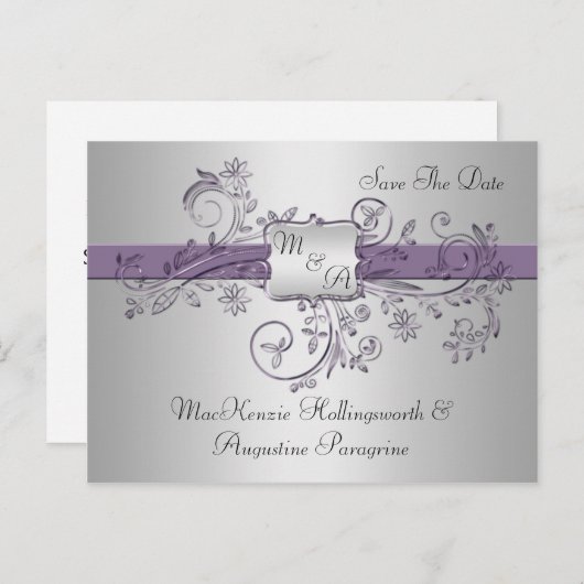 Paarse en zilveren Monogram Bloemen Wervelingen Sa Aankondigingskaart (Voorkant / Achterkant)