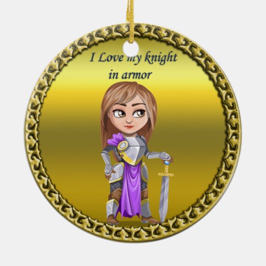 Paarse en zilveren nacht in haar harnas en zwaard keramisch ornament (Achterkant)