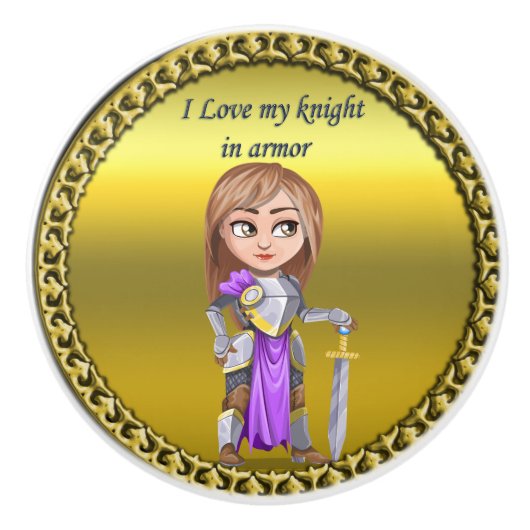 Paarse en zilveren nacht in haar harnas en zwaard keramische knop (Voorkant)