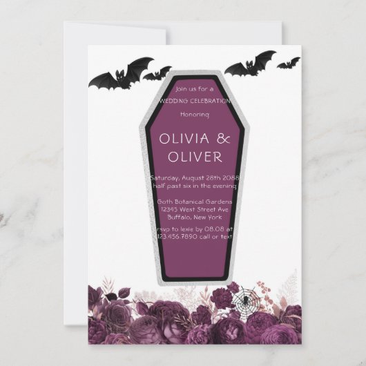 Paarse en zilveren pony Coffin Bats Wedding Invit Kaart (Voorkant)