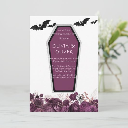 Paarse en zilveren pony Coffin Bats Wedding Invit Kaart (Staand voorkant)