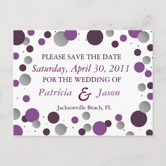 Paarse en zilveren Save the Date Briefkaart (Voorkant)