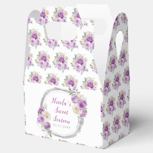 Paarse en zilveren sierlijke bloemen Sweet Sixteen Bedankdoosjes (Geopend)