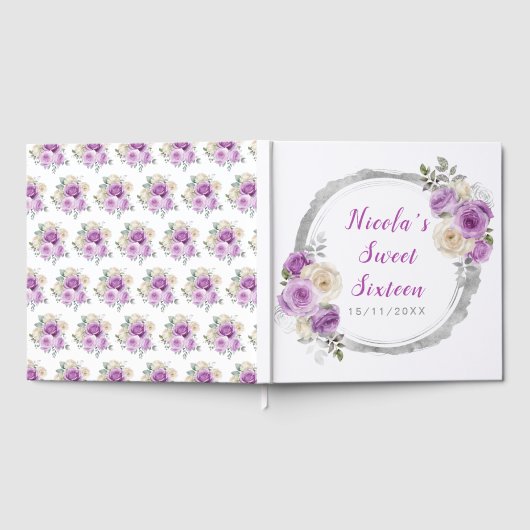 Paarse en zilveren sierlijke bloemen Sweet Sixteen Gastenboek (Volledig)