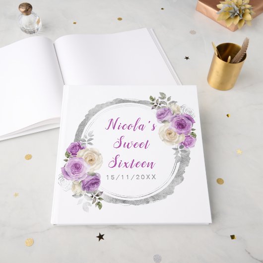 Paarse en zilveren sierlijke bloemen Sweet Sixteen Gastenboek (Voorkant open)