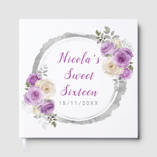 Paarse en zilveren sierlijke bloemen Sweet Sixteen Gastenboek (Voorkant)