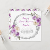 Paarse en zilveren sierlijke bloemen Sweet Sixteen Kaart (Voorkant / Achterkant in situ)