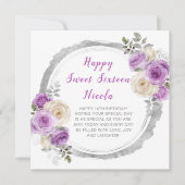 Paarse en zilveren sierlijke bloemen Sweet Sixteen Kaart (Voorkant)