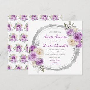 Paarse en zilveren sierlijke bloemen Sweet Sixteen Kaart