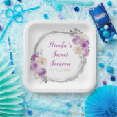 Paarse en zilveren sierlijke bloemen Sweet Sixteen Papieren Bordje (Feest)