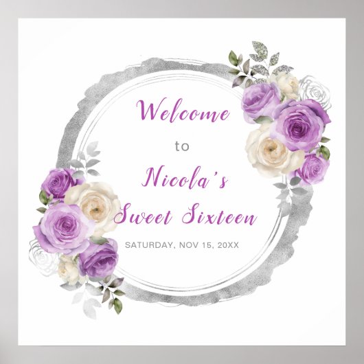 Paarse en zilveren sierlijke bloemen Sweet Sixteen Poster (Voorkant)