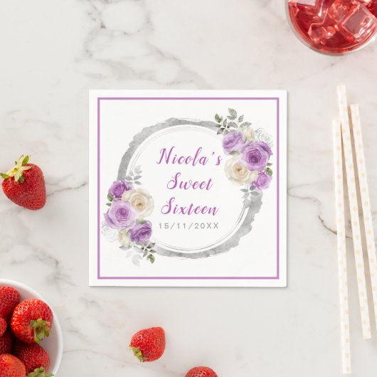 Paarse en zilveren sierlijke bloemen Sweet Sixteen Servet (Insitu)