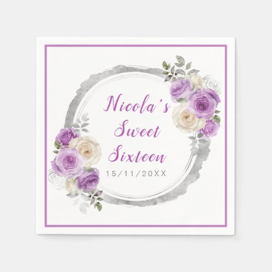 Paarse en zilveren sierlijke bloemen Sweet Sixteen Servet (Voorkant)