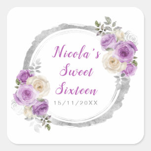 Paarse en zilveren sierlijke bloemen Sweet Sixteen Vierkante Sticker