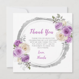 Paarse en zilveren sierlijke bloemen verjaardag bedankkaart