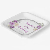 Paarse en zilveren sierlijke bloemen verjaardag papieren bordje (Gebogen)