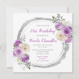 Paarse en zilveren sierlijke bloemen verjaardagsfe kaart