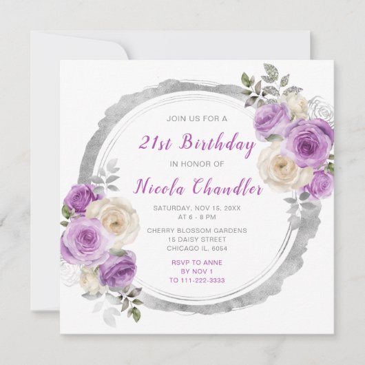 Paarse en zilveren sierlijke bloemen verjaardagsfe kaart (Voorkant)