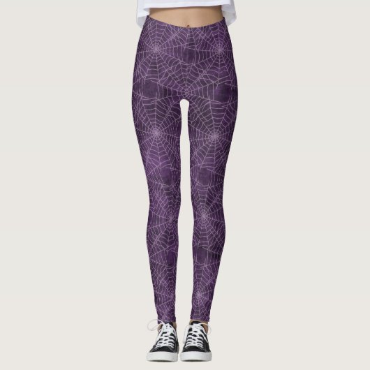 Paarse en zilveren Spiderweb Gothic Pattern Leggings (Voorkant)