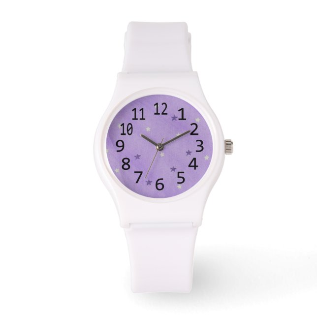 Paarse en zilveren sterren lavendel nummer horloge (Voorkant)