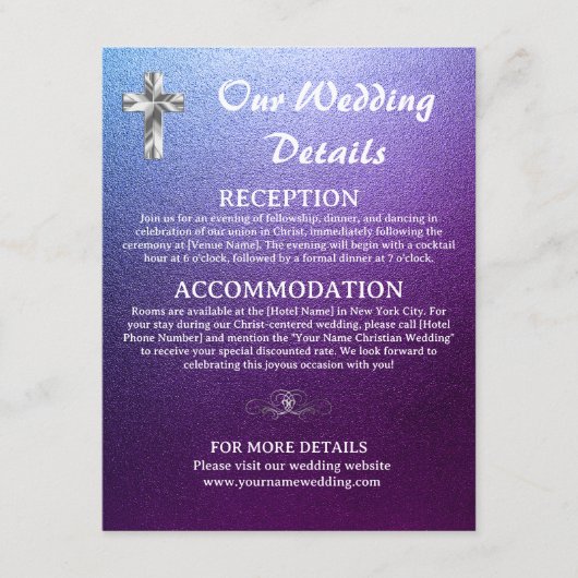 Paarse en zilveren trouwdetails Christelijk kruis Informatiekaartje (Voorkant)