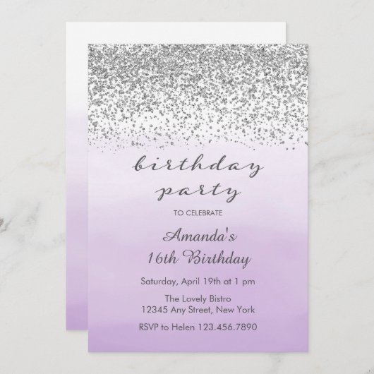 Paarse en zilveren verjaardagsuitnodiging kaart (Voorkant / Achterkant)