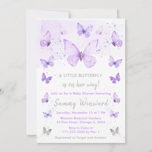 Paarse en zilveren vlinder Baby shower Kaart (Voorkant)